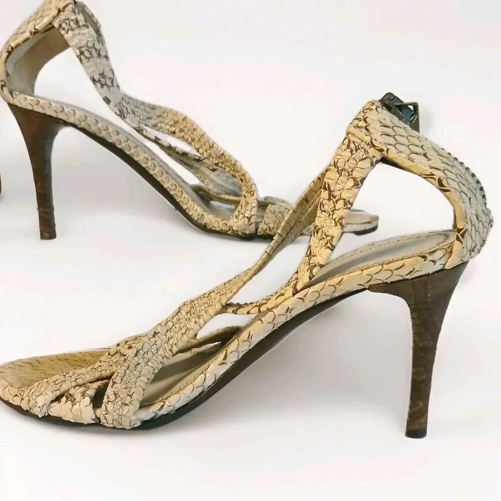 Burberry Snakeskin Embossed Leather Heels Sandals Zip Back Beige Brown US 6